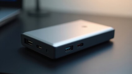 Magnetic Power Bank. Usb-c hub mecool steamdeck station Ev portable charger caldigit Dockcase Hidock oivo Charging Device. Trend product close-up. Sleek sits beside laptop, symbolizing convenience an