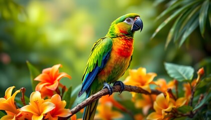 Fototapeta premium Colorful parrot perched gracefully on a branch of a tree surrounded by lush green foliage