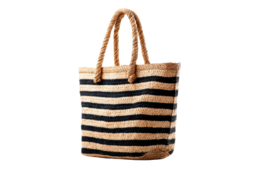 Striped straw tote bag with rope handles on black background, cut out