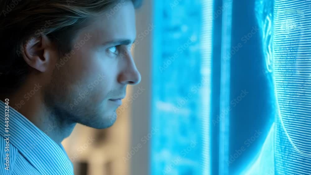 Poster man interacting with a futuristic touchscreen display with data and a hologram using his finger, loo