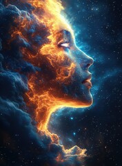 Fiery Woman with Cosmic Cloudscape.