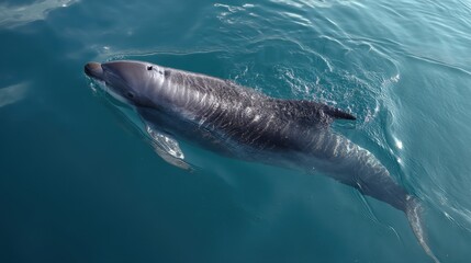 Fototapeta premium Dusky Dolphin Surface Breather, Teal Waters, Close-Up
