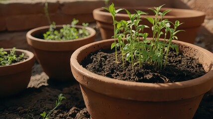 Close up of several terracotta pots containing soil and small green plants in an outdoor setting