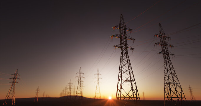 Huge power lines in the sunset