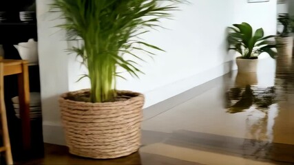 Flooded interior of home with standing water covering wood floors and plants, kitchen and dining area with damage from water, home insurance claim scenario