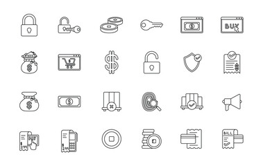 Pixelated icons of finance and security