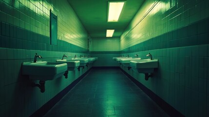 Eerie Green Tiled Washroom Corridor