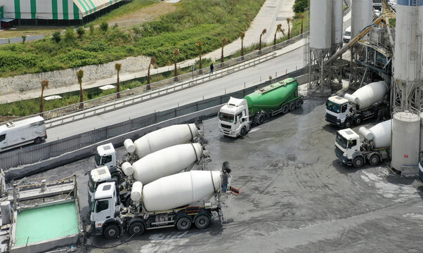 Aerial View of Concrete Mixer Trucks at a Construction Site Facility
