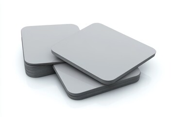 Stack of blank gray coasters.  A 3D render of several square coasters, light gray in color, stacked atop one another. 