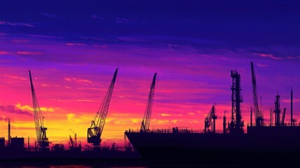 Silhouetted harbor cranes at sunset