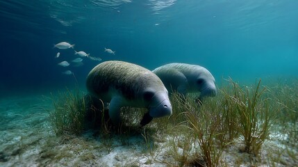 Gentle giants: manatees grazing peacefully in the crystal-clear ocean water