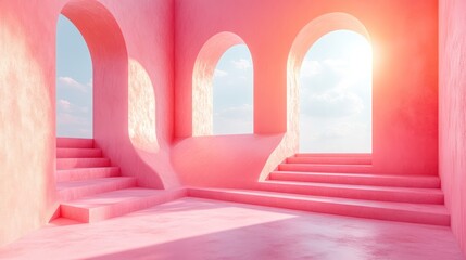 Pink room, arched windows, stairs, sunrise, product display