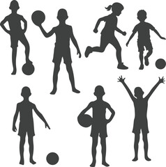 Silhouettes of children playing with balls, active boys and girls in various sports poses, black vector illustration on white background
