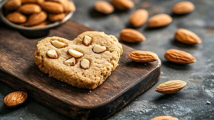 Heart Shaped Almond Cookie on Wooden Board with Whole Almonds Around