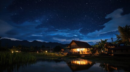 Fototapeta premium Tranquil rural residence under the vast expanse of a starlit evening sky