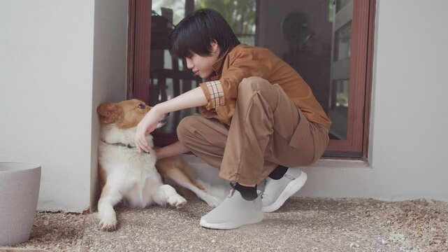 Preteen Asian boy playing with wheaten border collie puppy at home, family pet, positive mental health and wellness, pet therapy concept