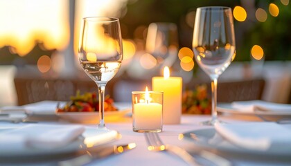 Elegant romantic dining table for two at sunset, white tablecloth, crystal wine glasses, candle centerpiece, gourmet dishes, luxury ambiance with warm tones and soft bokeh lights