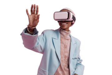 Young african female enjoying virtual reality experience in trendy fashion, cut out