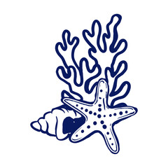 Coral, seashell and starfish — isolated vector illustration
