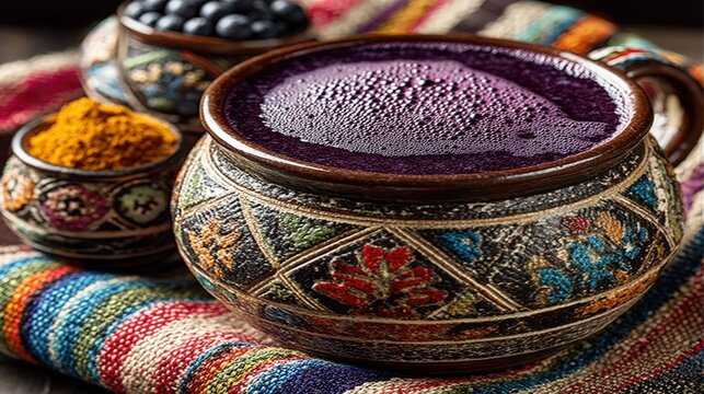Ceramic bowl of chicha morada highlighting Andean tradition and vibrant color