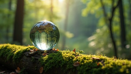 Crystal globe rests mossy log forest. Eco earth concept, preservation theme, nature environment conservation. Sustainable eco friendly lifestyle, protecting environment, global warming issue.