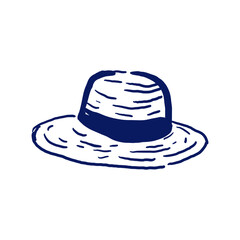 Hand-drawn illustration of a straw beach hat with wide brim and ribbon band. Minimalist ink line art in doodle style, perfect for summer themes, fashion, vacation graphics, and isolated composition.