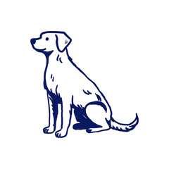Hand-drawn illustration of a sitting dog in navy ink. Simple line art doodle style suitable for pet-themed designs, stickers, children's graphics, and isolated decorative elements.