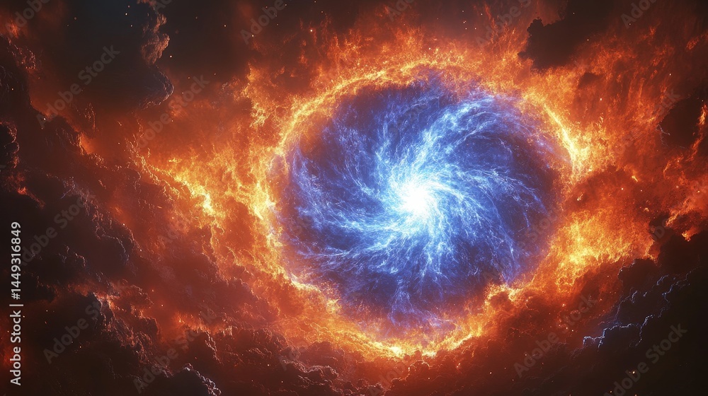 Poster fiery and ethereal celestial vortex surrounded by turbulent clouds.