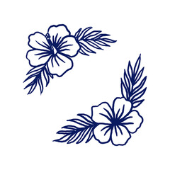 Frame with two opposing corners decorated with tropical hibiscus flowers and palm leaves. Used as a decorative element for summer-themed designs, cards, packaging, stories, and banners.