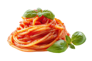 Delicious spaghetti with tomato sauce and fresh basil leaves, cut out
