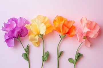 Fototapeta premium Four vibrant flowers in a gradient of pastel hues.