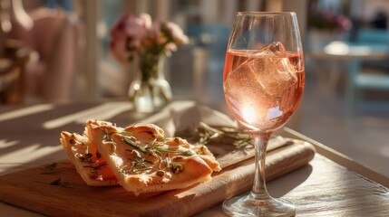 Enjoying soft pink ros Cinsault with herbed focaccia in a Provenal cafe