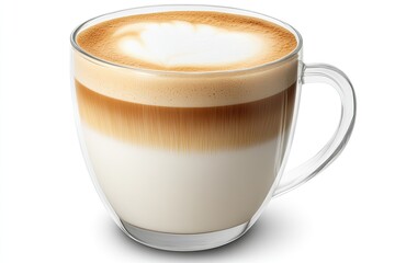 Glass mug of layered latte, frothy top, and visible crema layers