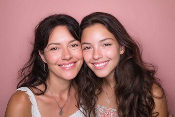 Studio portrait of mother and daughter smiling, pastel pink background, Mother's Day