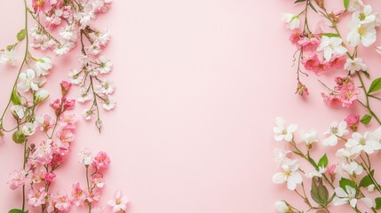 Obraz premium A floral arrangement with pink, red, and white flowers and green leaves on a pink background.