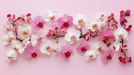 A floral arrangement with pink, red, and white flowers and green leaves on a pink background.