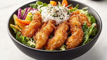 A vibrant bowl of crispy breaded shrimp elegantly arranged on a bed of mixed greens, colorful vegetables, and topped with a fluffy, creamy topping.