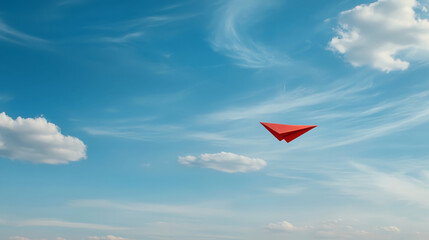 Naklejka premium Red paper airplane soaring through bright blue sky filled with fluffy clouds evokes sense