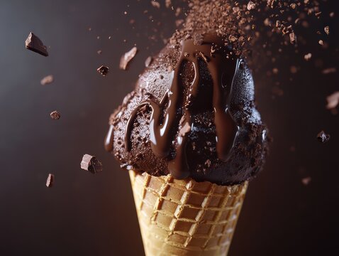 Dark chocolate ice cream cone splash