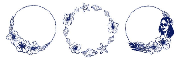 Hand-drawn tropical circular frames featuring hibiscus flowers, shells, starfish, and a stylish woman’s portrait. Isolated vector illustrations. Perfect for summer invitations, postcards, story 