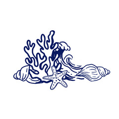 Illustration of coral, starfish, wave and two seashells. Isolated vector composition in hand-drawn line style using blue ink. Suitable for summer packaging, prints, and marine-themed collections.