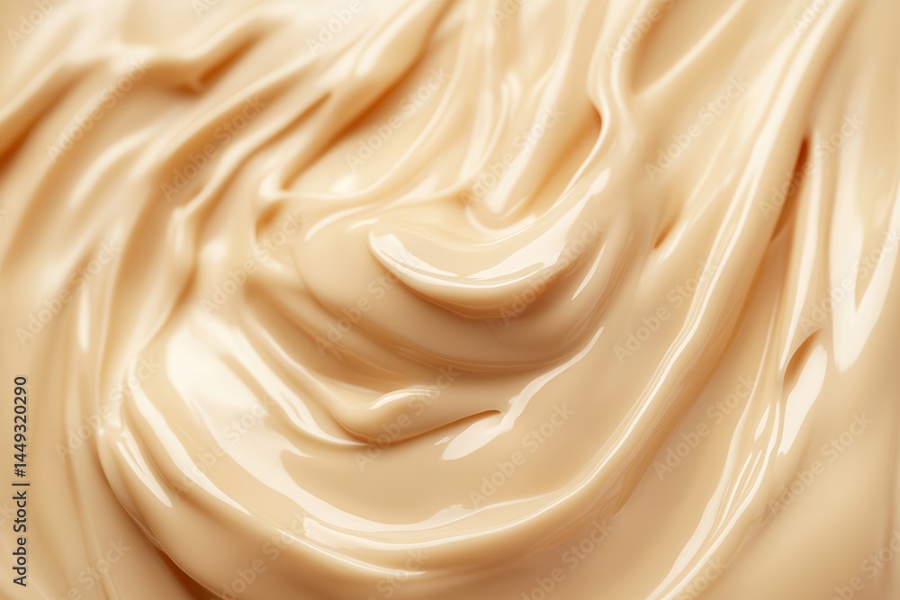 Poster swirls of creamy, light tan colored frosting or coating. smooth texture with light reflecting off th