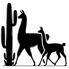 Fototapeta premium Two llamas near cactus silhouette illustration