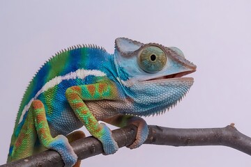 Fototapeta premium Vibrant chameleon perched on a branch against a neutral background