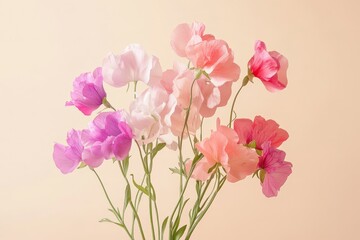 Delicate pastel colored sweet peas in a soft light.