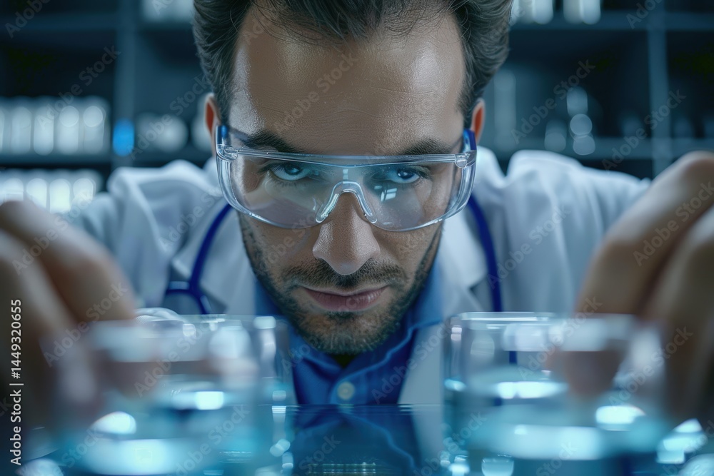Poster scientist analyzing samples in a laboratory setting.