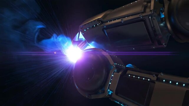 robotic arms welding} with glowing blue and purple energy sparks moving slow