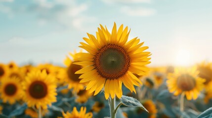 Obraz premium Vibrant Sunflower Field Under Clear Blue Sky with Bright Sunlight Blooming Flowers Du Summer Day for Nature and Agriculture Themes