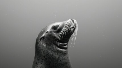 Naklejka premium Black and white photograph of a curious seal looking upward with a smooth background, showcasing marine life and wildlife in a minimalistic artistic style