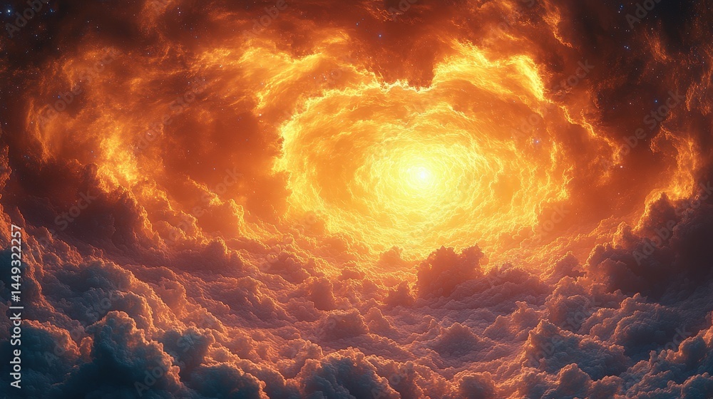 Poster fiery celestial clouds with a brilliant light source.